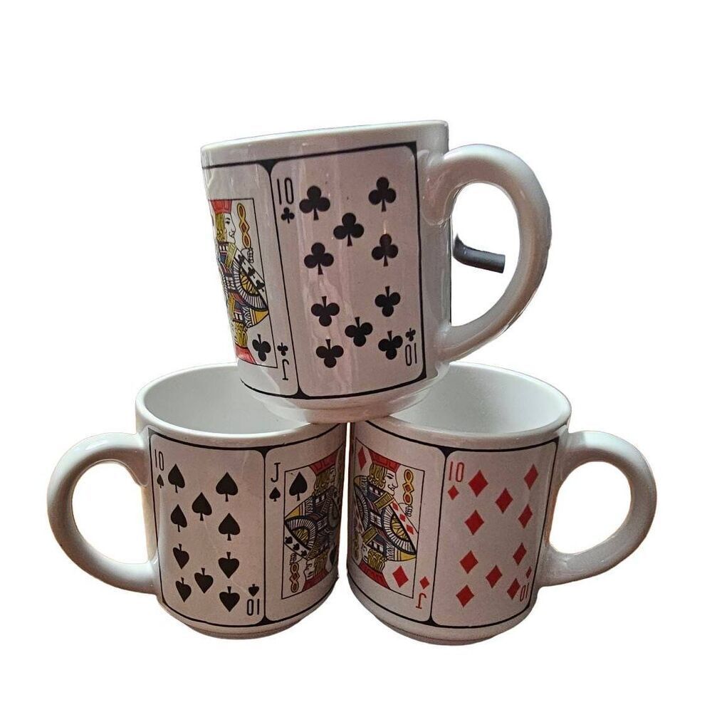 Jobar Royal Flush Playing Cards Ceramic Coffee Mugs Vintage Set Of 3 EUC Rare